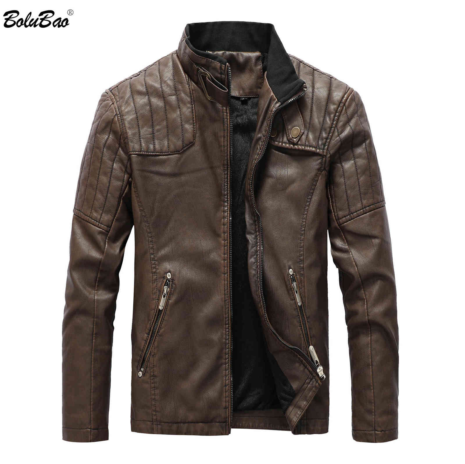 

BOLUBAO Winter Men Leather Jacket Autumn Winter Men Black Fashion Leather Brand Jackets Male Casual PU Coats 210518, Khaki