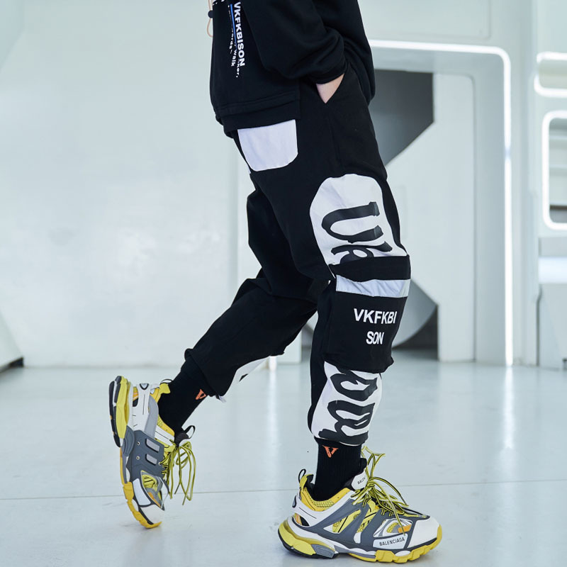 

pants trousers guochao reflective strip color matching letter string hip hop men's fashion brand leggings loose capris, Black