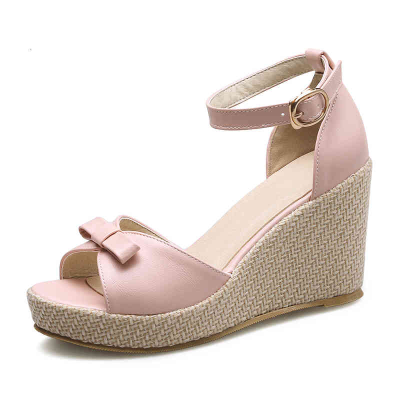

Slippers Women Wedges Sandals Summer Ankle Strap Lady Peep Toe High Heels Sweet Female White Pink Apricot Bowknot Platform Shoes M, Black