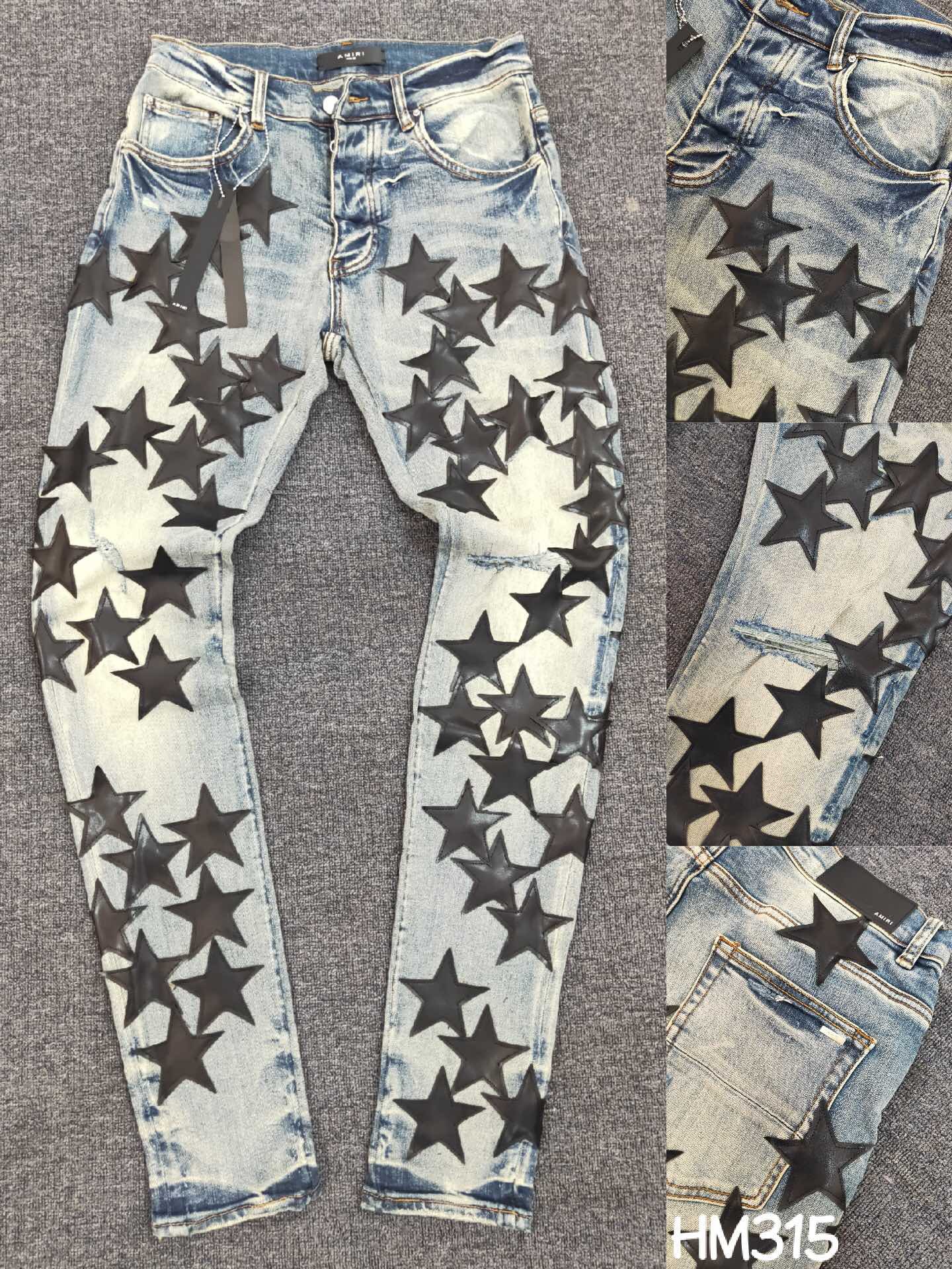 

FALECTION MENS 21SS AMIMIKE JEANS DISTRESSED LEATHER STARS PATCH RIPPED DENIM jeans, Blue