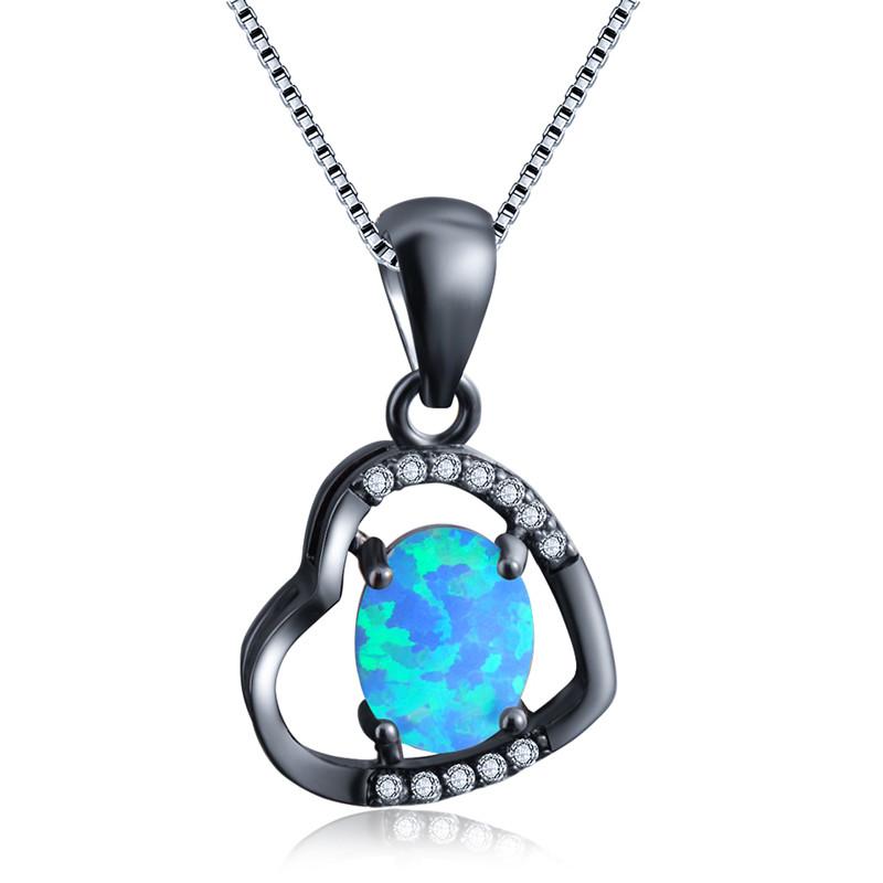 

Pendant Necklaces White Blue Opal Oval Stone Necklace Vintage Hollow Heart Punk Black Gold Silver Color Chain For Women