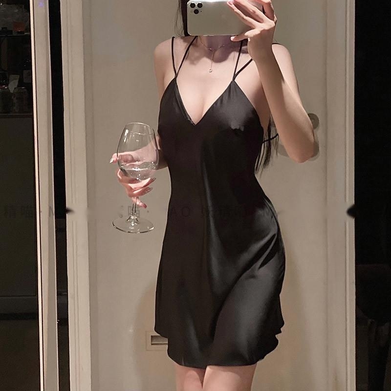 

WOMENGAGA Sexy Female Summer Sling V Neck Big Backless Black Women Tank Mini Dress Korean Dresses 6ZQ9 210603, Dark pink