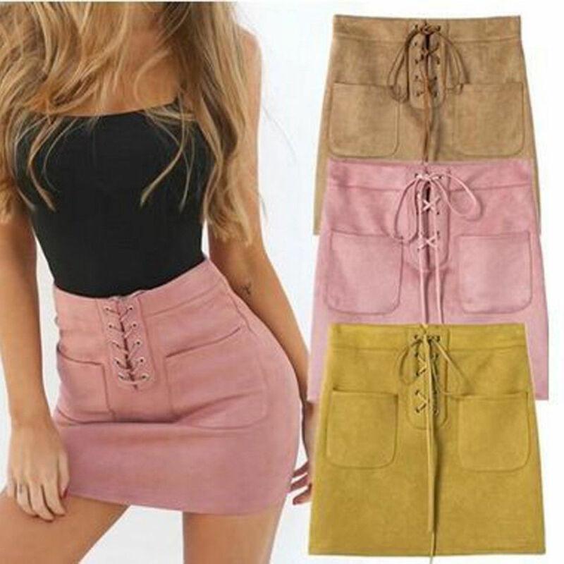 

Skirts Sexy Women Leather Suede Lace Up Bandage High Waist Party Pencil Mini Skirt, Khaki