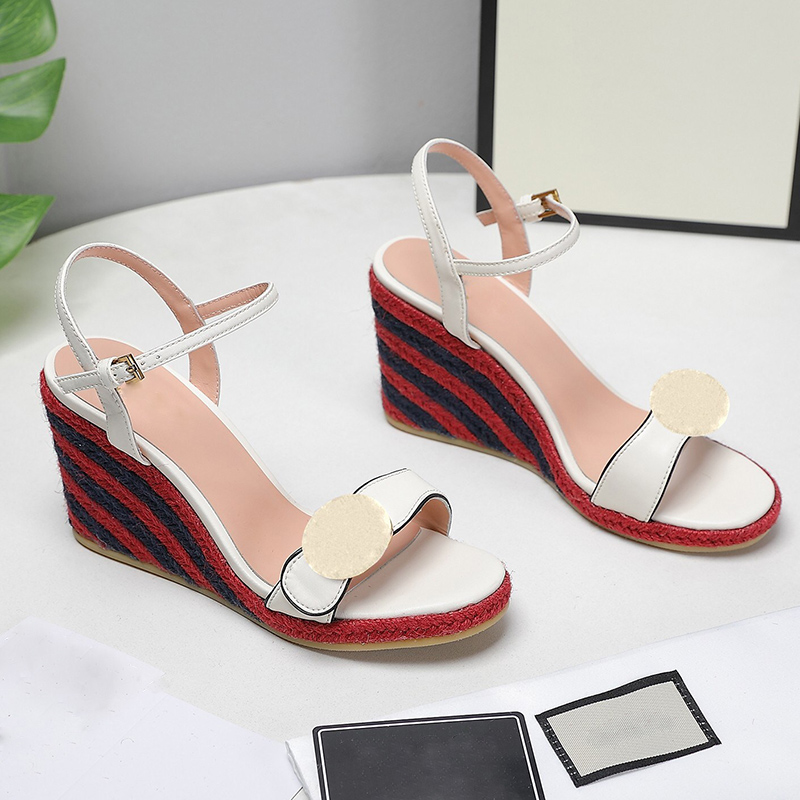 

Fashion Bohemian style Slope heels sandals Genuine Leather Rainbow hemp bag heel women shoes Office Career Narrow Band Patchwork womens shoe sandal, Black