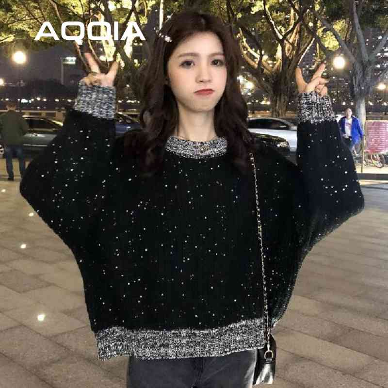 

Korean style Knit Female Pullovers Oversize Shiny Sequined Womens Sweater Winter Loose Woman Sweaters Plus Size Clothing 210521, Random color