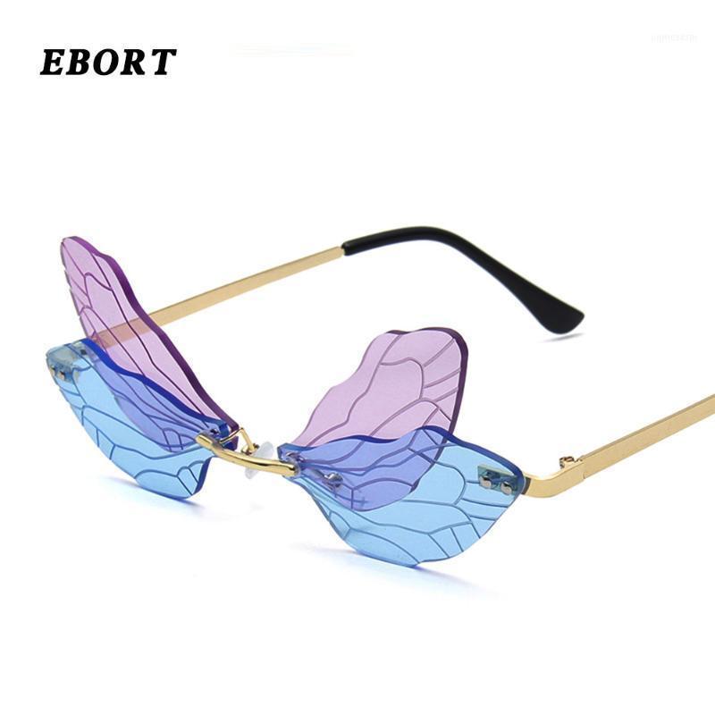 

Sunglasses EBORT Fashion Rimless Dragonfly Wing Women Vintage Clear Ocean Lens Eyewear Men Pink Yellow Sun Glasses Shades UV4001