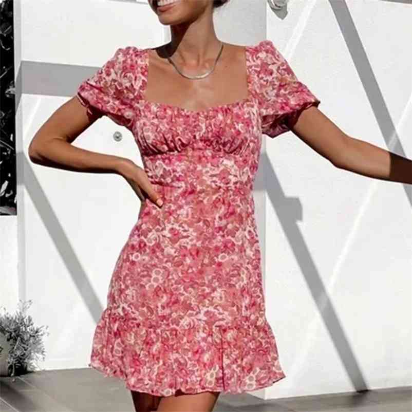 

Women Tight-fitting Sexy Square Neck Printed Puff Sleeve Smocked Ruffled Mini Dress Plus Size Robe Femme dresses 210524, Red