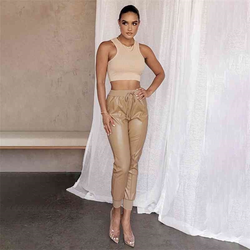 

Paris Girl Autumn Rib Stitching PU Leather Pants Women High Waist Drawstring Slimming Pencil Pantalon Female Trousers 210524, Brown