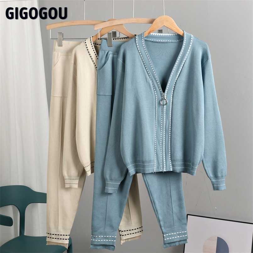 

GIGOGOU Vertival Harem Carrot Pants Suits Vintage Zipper Women Cardigan Sweater Tracksuits Knit Jumper y2k Two Piece Tracksuits 211109, Black
