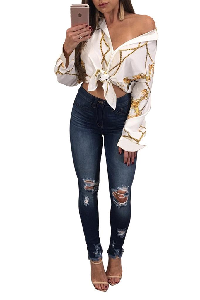 

2021 Women's Shirt Tie Neck Chain Print Casual Shirt Long Sleeve Sexy Top, White