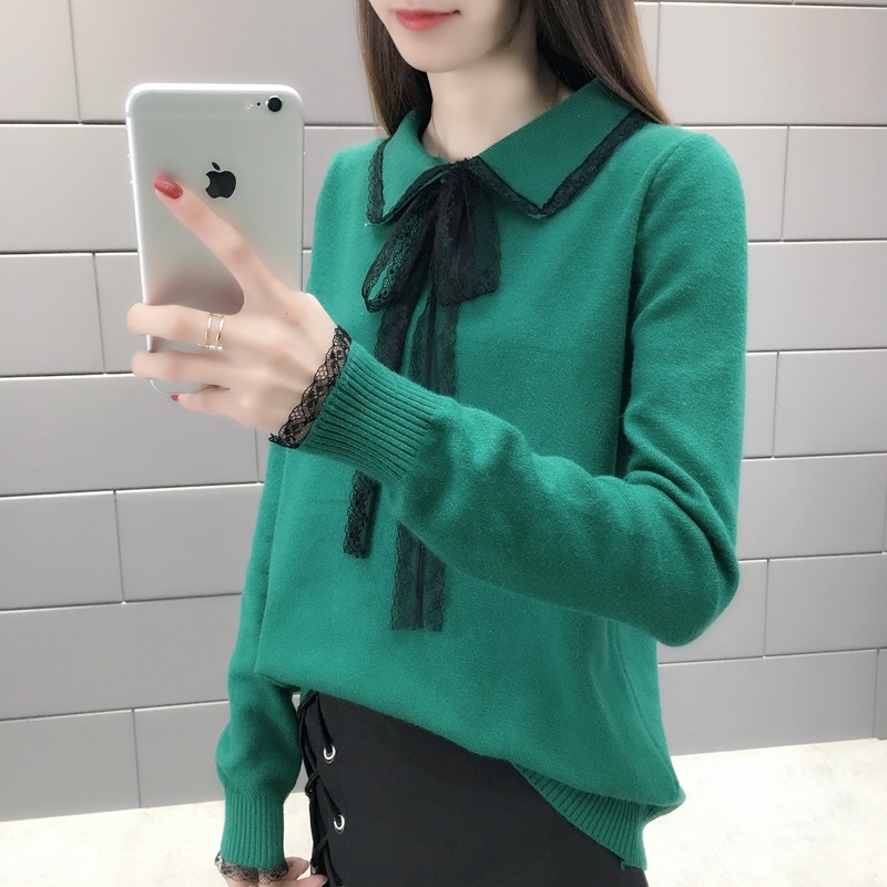 

Spring Autumn Knitted Tops Women Casual Long Sleeve Turn Down Collar Patchwork Lace Harajuku Pullover Sweaters Invierno 210602