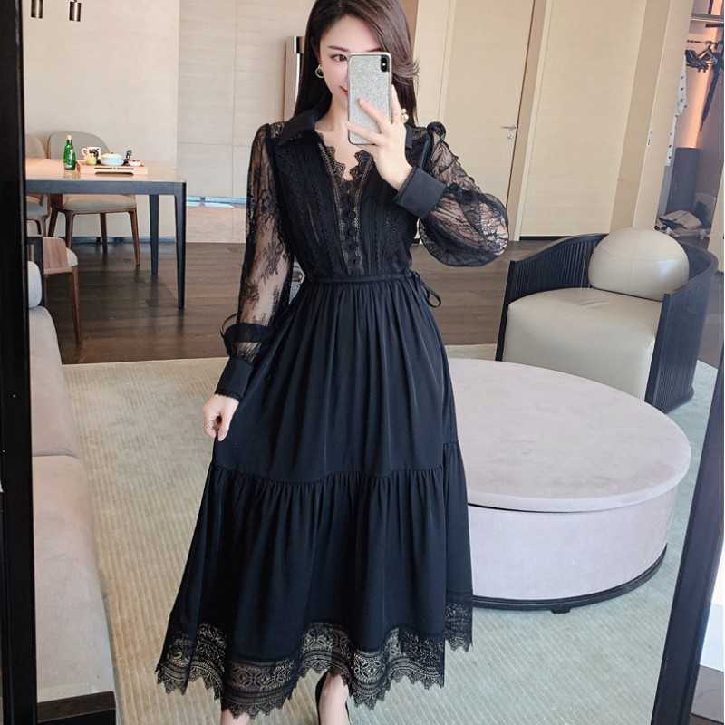 

Spring Elegant Lace Patchwork V-Neck Long Sleeve Party Dress Female Vintage Women High Waist Holiday Maxi Vestidos 210526, Black