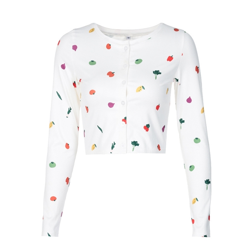 

Single Breasted Crop Top 90s Friuts Print Knitted Ribbed Tees Women Full Sleeves White Tshirts O-Neck Button Streetwear T-shirts 210604