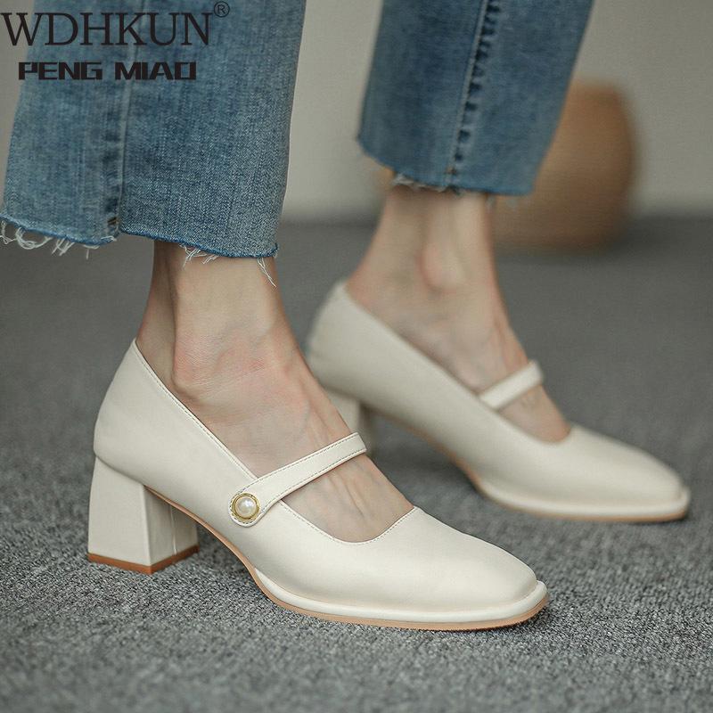 

Dress Shoes 2021 Fashion Women Square Toe Mary Janes Heel Pearl Buckle Pumps High Heels Office Shoe 8557N, Beige