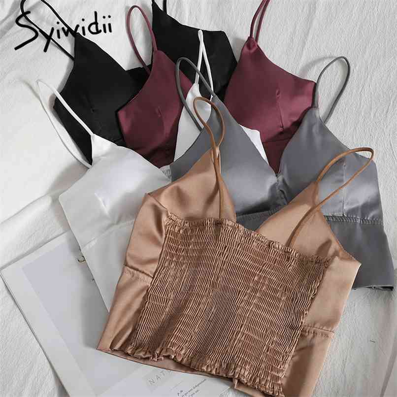 

Satin Camis Women Sexy V-Neck Back Elastic Korean Clothes Summer Fashion Short Tank Tops Purple White Black 210607