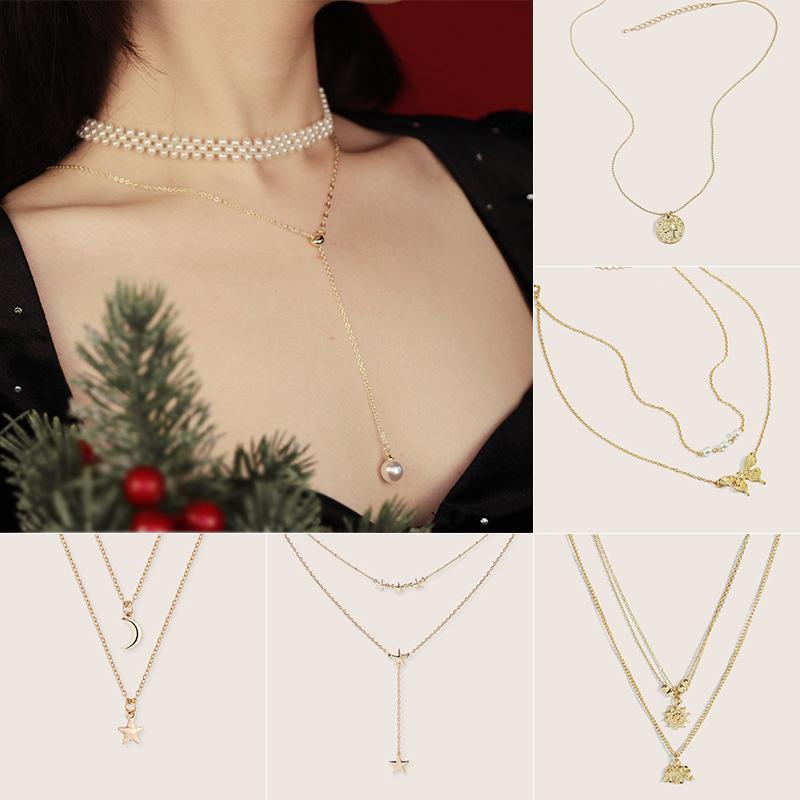 

Charms Vintage Multilayer Pendant Butterfly Necklace For Women Butterflies Moon Star Charm Choker Necklaces Bohemian Beach Jewelry Gift, Bronze;silver