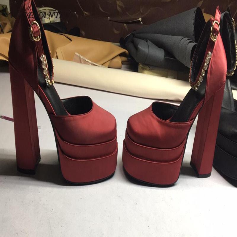 

Dress Shoes Fashion Waterproof Platform Square Toe Thick Heel Hate The Sky High Satin Rhinestone Foot Surround Strap High-heeled Sandals, Black