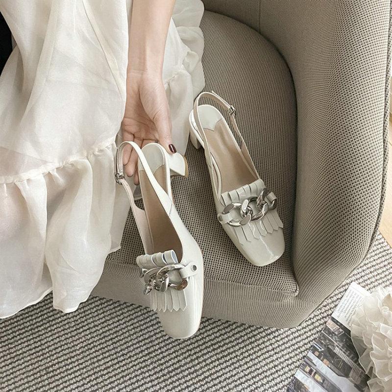 

Sianie Tianie 2021 Summer Shoes Office Genuine Natural Leather Chunky High Heels Slingback Woman Sandals With Metal Chain Tassel, Black