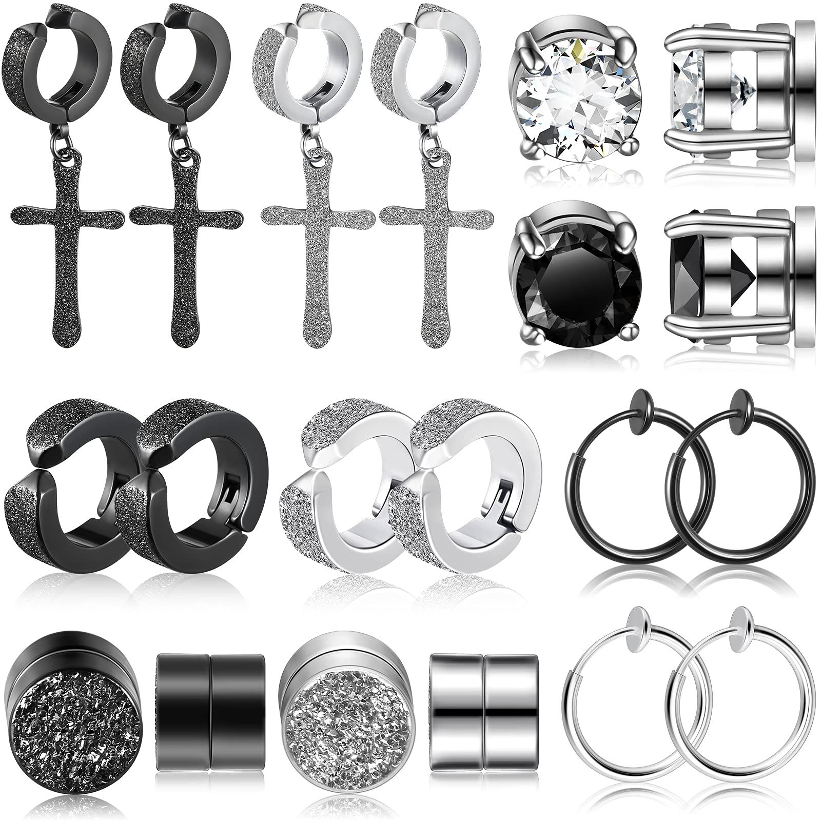 

10 Pairs Non-perforated Magnetic Studs Stainless Steel Cross Dangling Hinged Earrings Clip on Cz Magnet Earrings for Men Women
