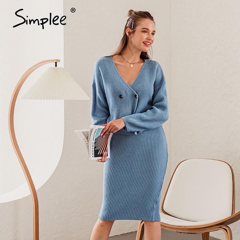 

2021simplee v-neck women knitted skirt suits autumn winter batwing sleeve 2 pieces elegant party female sweater blue dress 2021, Black;gray