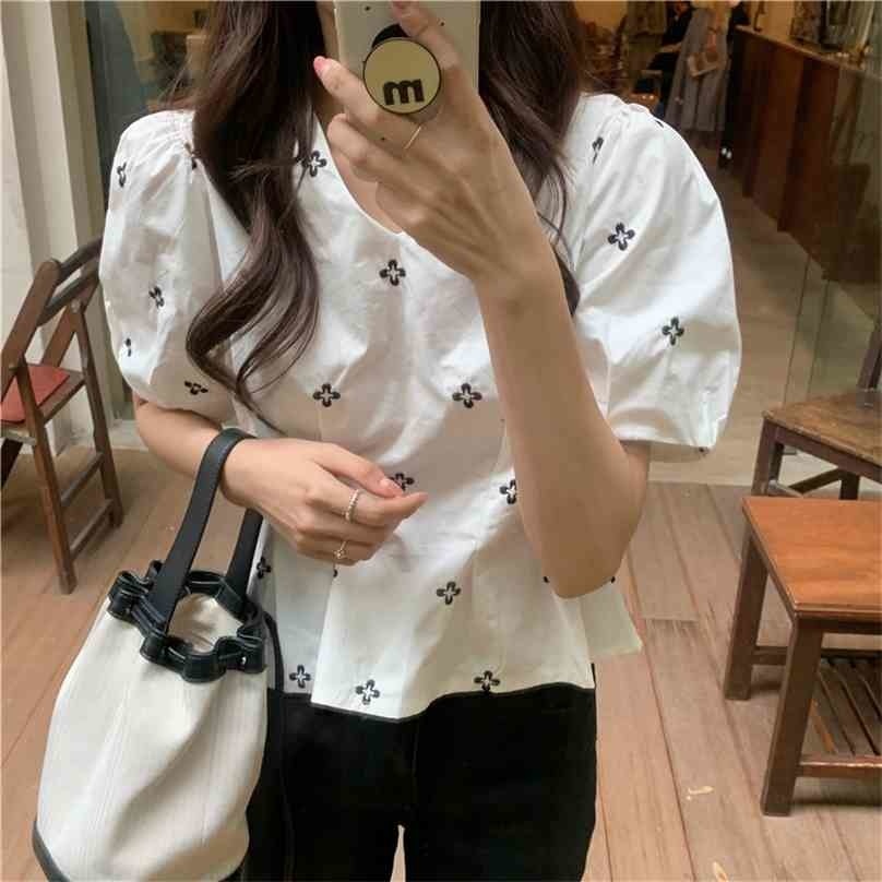 

Embroidery Blouse Sweet All-Match Casual Printing French Female Retro Women Loose V-Neck Shirts Solid Tops 210525, White