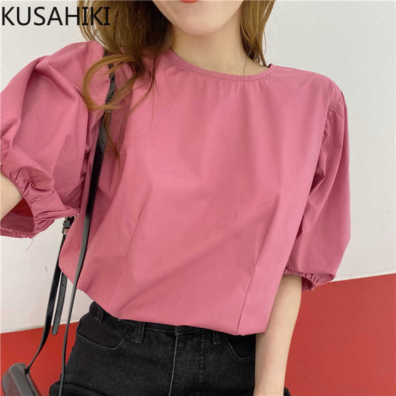 

KUSAHIKI Causal Puff Sleeve Womens Tops Korean O-neck Blouse Shirt Sweet Fashion Solid Blusas Mujer De Moda 6F674 210602, Rose red