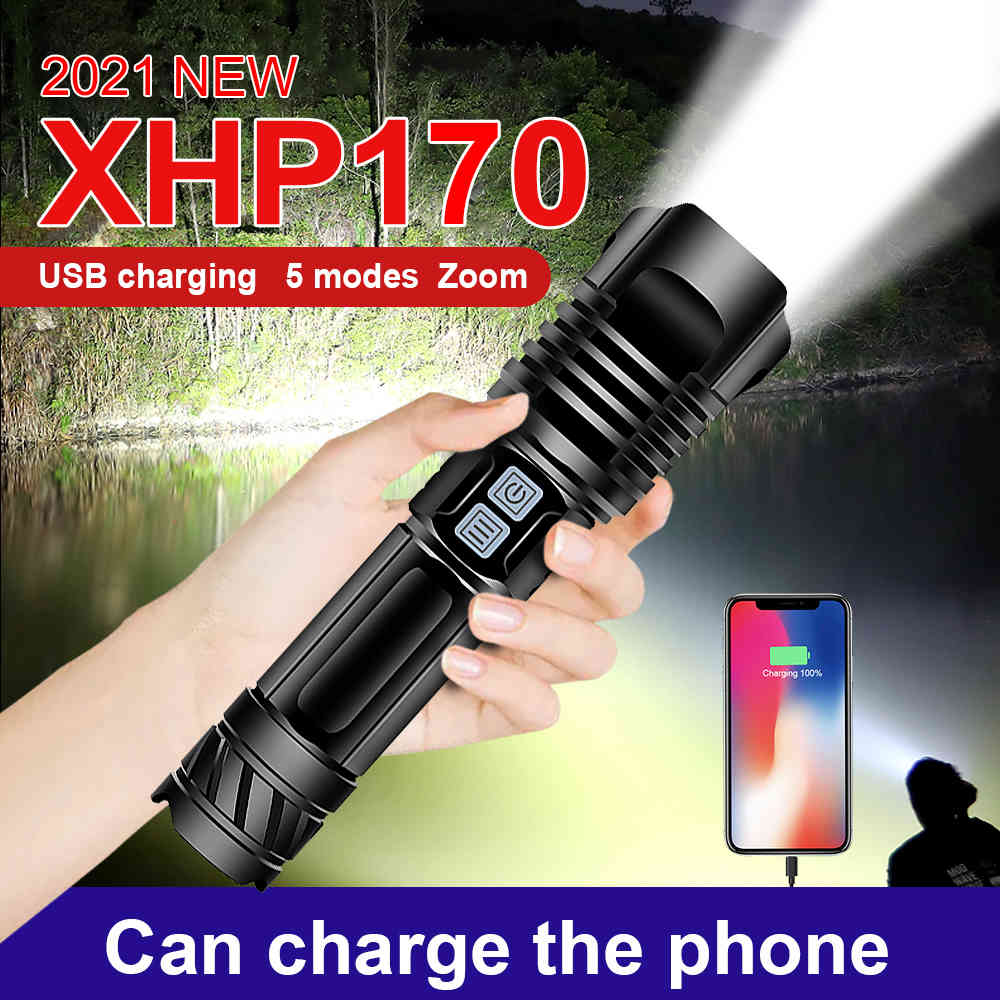 

1100000 lm XHP170 Most Powerful LED Flashlight torch xhp90 xhp70 tactical flashlight usb Rechargeable hunting lantern work lamp 210322