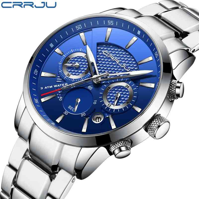 

CRRJU Top Fashion Luxury brand watches men Fashion casual charm chronograph cool sport mens quartz wrist watch waterproof 30M 210517, Silver blue
