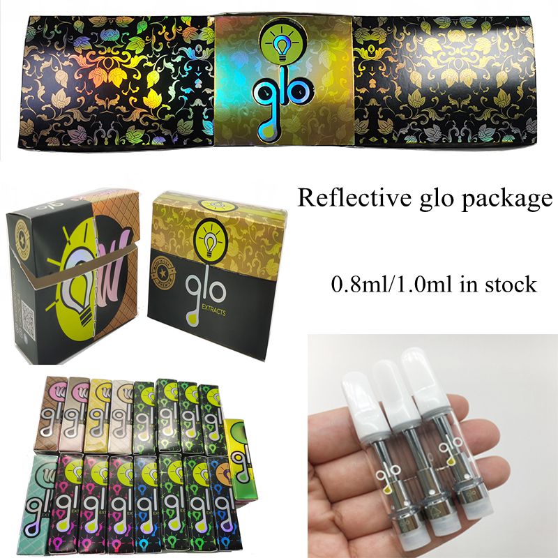 

GLO Carts 0.8ml 1ml Ceramic Glass Atomizer Reflective Vape Cartridges Packaging 510 Thread empty e cig pens Disposable 2.0mm Thick Oil Holes Vaporizer