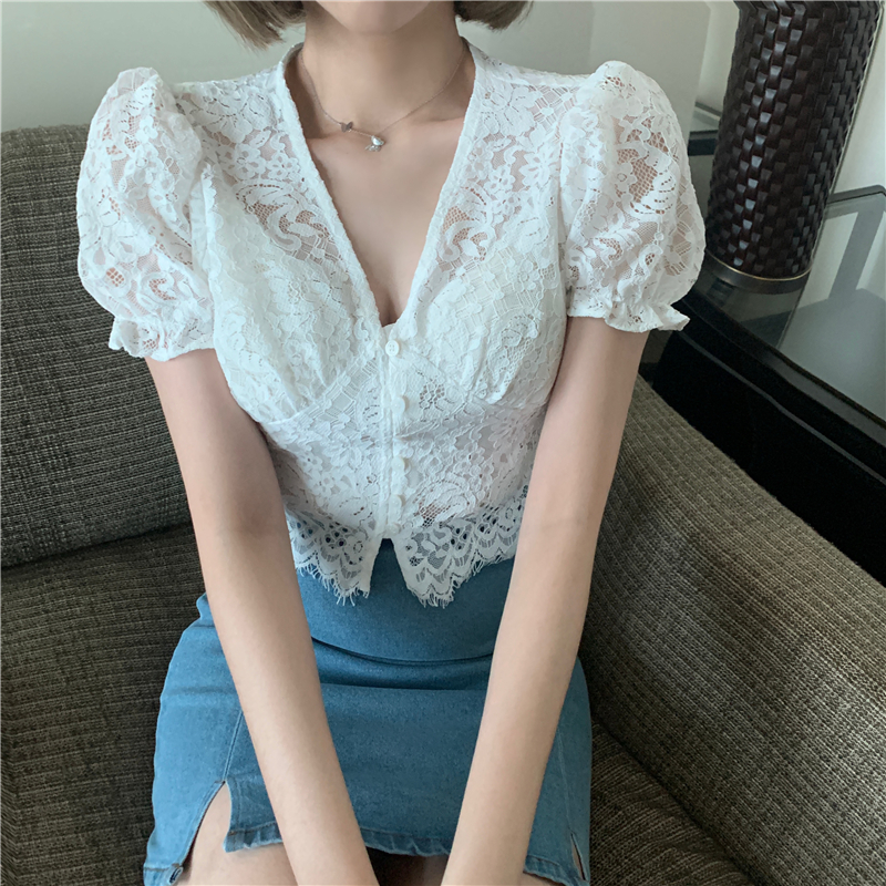 

femme womens tops 2021 summer korean style vintage v neck short sleeve shirt women lace blouses outwear tops (R98198), White