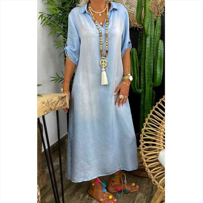 

summer denim half sleeve womens dress long fashion vintage casual loose shirt comdy breathable maxi, Black;gray