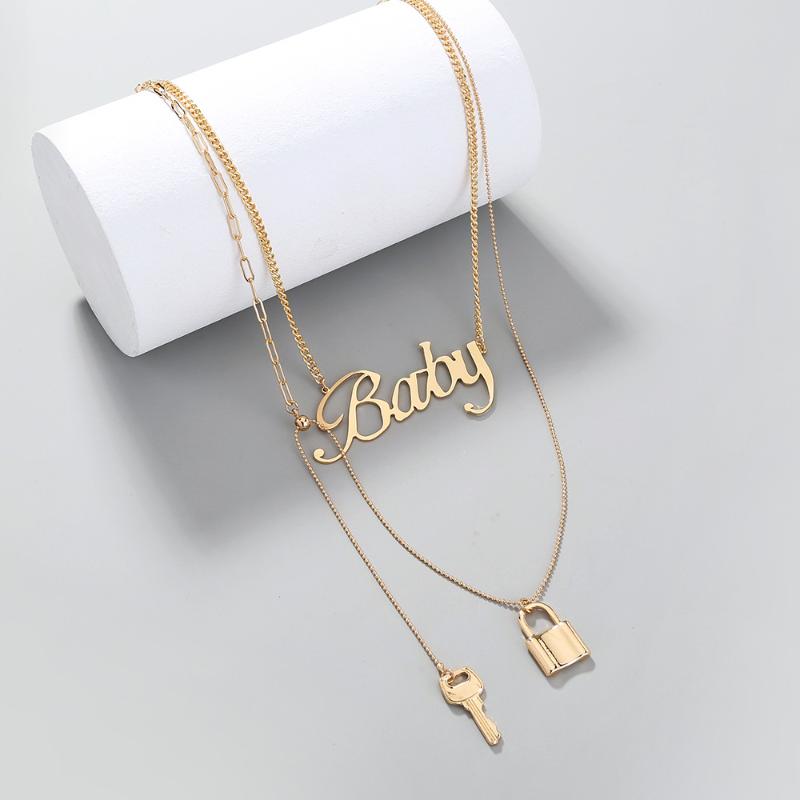 

Pendant Necklaces Fashion Multilayer Key Necklace For Women Lock And Baby Letter Name Silver Color Chain Vintage Statement Jewerly Gift