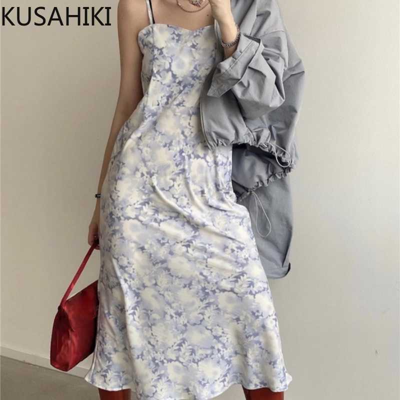 

KUSAHIKI Women Summer Spaghetti Strap Dress Korean Elegant Printing Sleeveless Square Collar Dresses Vestidos 6J065 210602, Blue