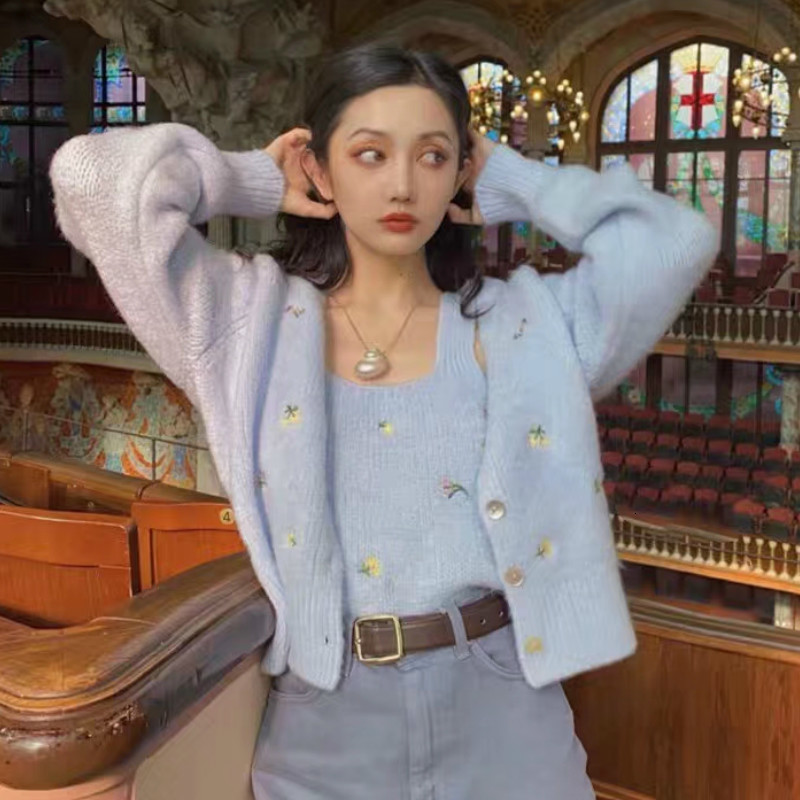 

women's sweaters casual urban fall female style korean dress with low-v neckline embroidered flower of two pieces cardigan sweater 8udz, White;black