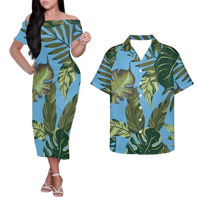 Robes Décontractées HYCOOL Été Couple Hawaïen Vêtements Logo Personnalisé/Impression Hors Épaule Vert Pour Femmes Fête Assortie Hommes Chemise