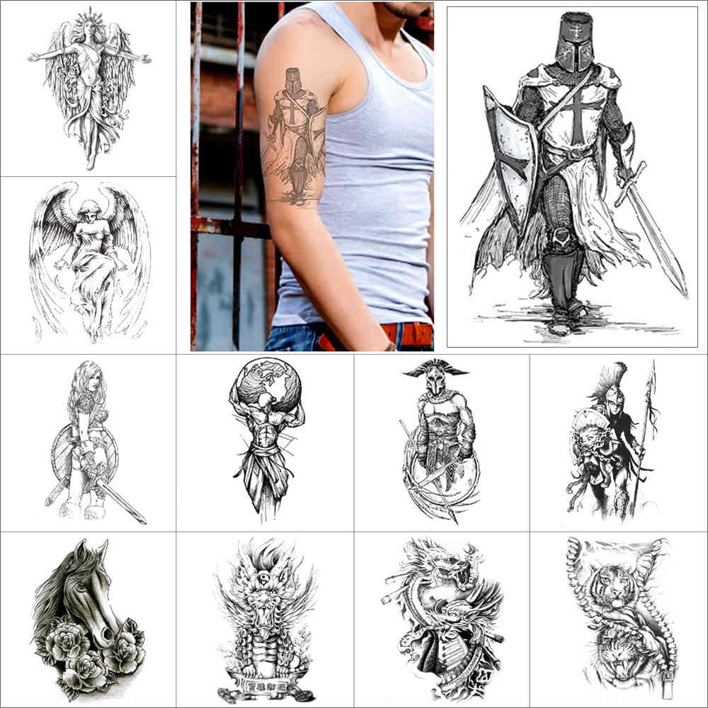 

Black temporary sticker Dragon tiger horse beast wing warrior Waterproof fake tattoo for men and women Arm thigh
