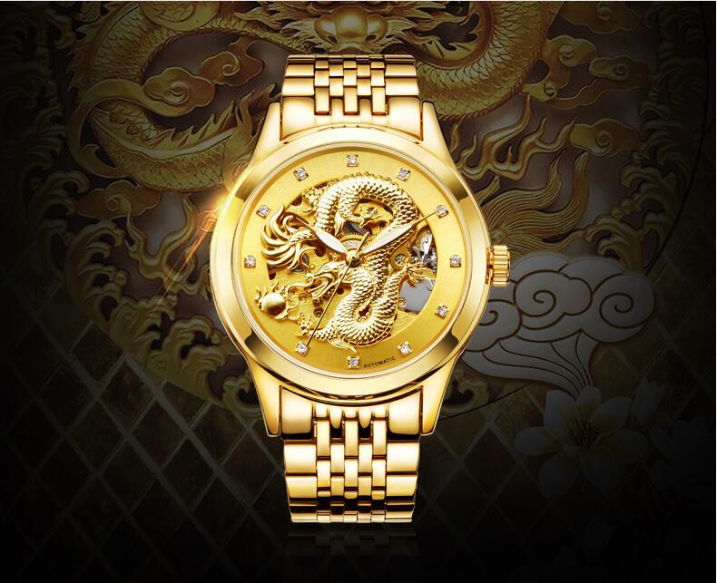 

Mohdne H666 Brand Automatic Movement Hollow out Men watch Big gold plate with dragon waterproof, Gold-gold