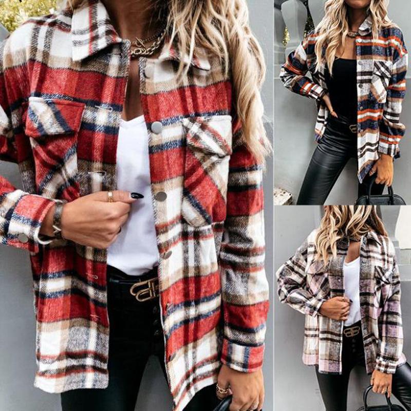 

Women' Jackets Plaid Print Women Jacket 2021 Winter Lapel Colloar Long Sleeve Shirts Female Pockets Single Breasted Tops Woolen Blend Overc, Blue