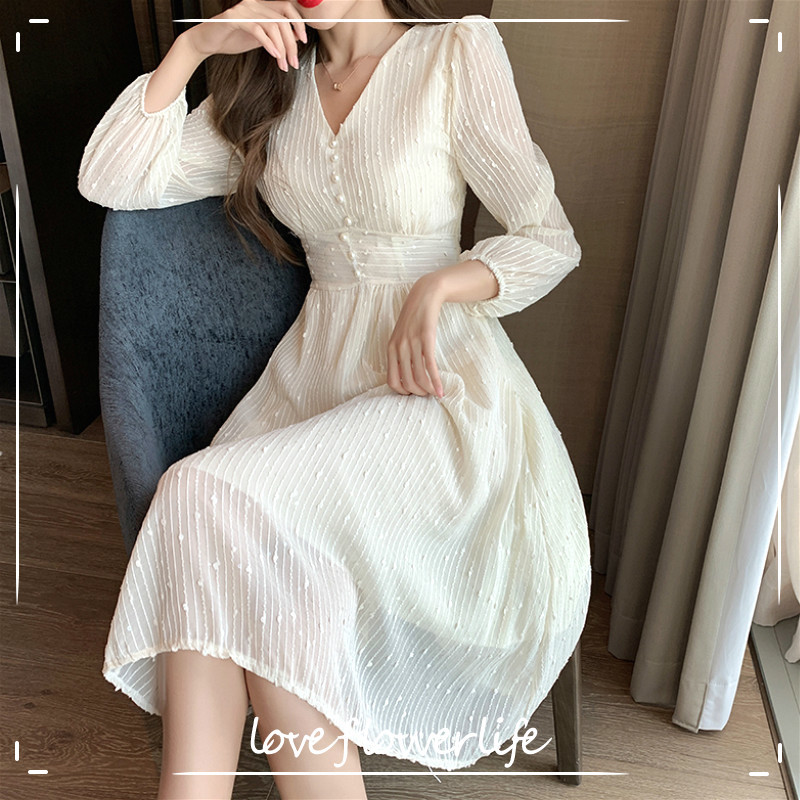 

Elegant Vintage Dress Women V-Neck Midi French Party Fairy Dress Female Autumn Long Sleeve Solid Dress Korean 210521, As the picture
