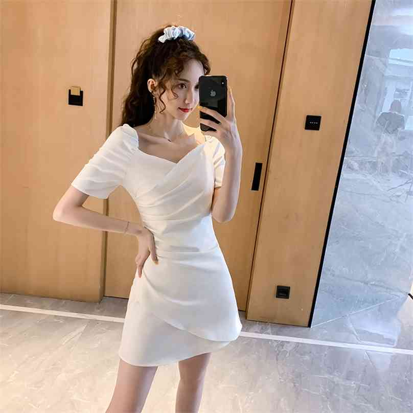 

White Mini Dress for women Summer Short Sleeve V neck Linen Sexy Ladies Office korea Party Dresses 210602