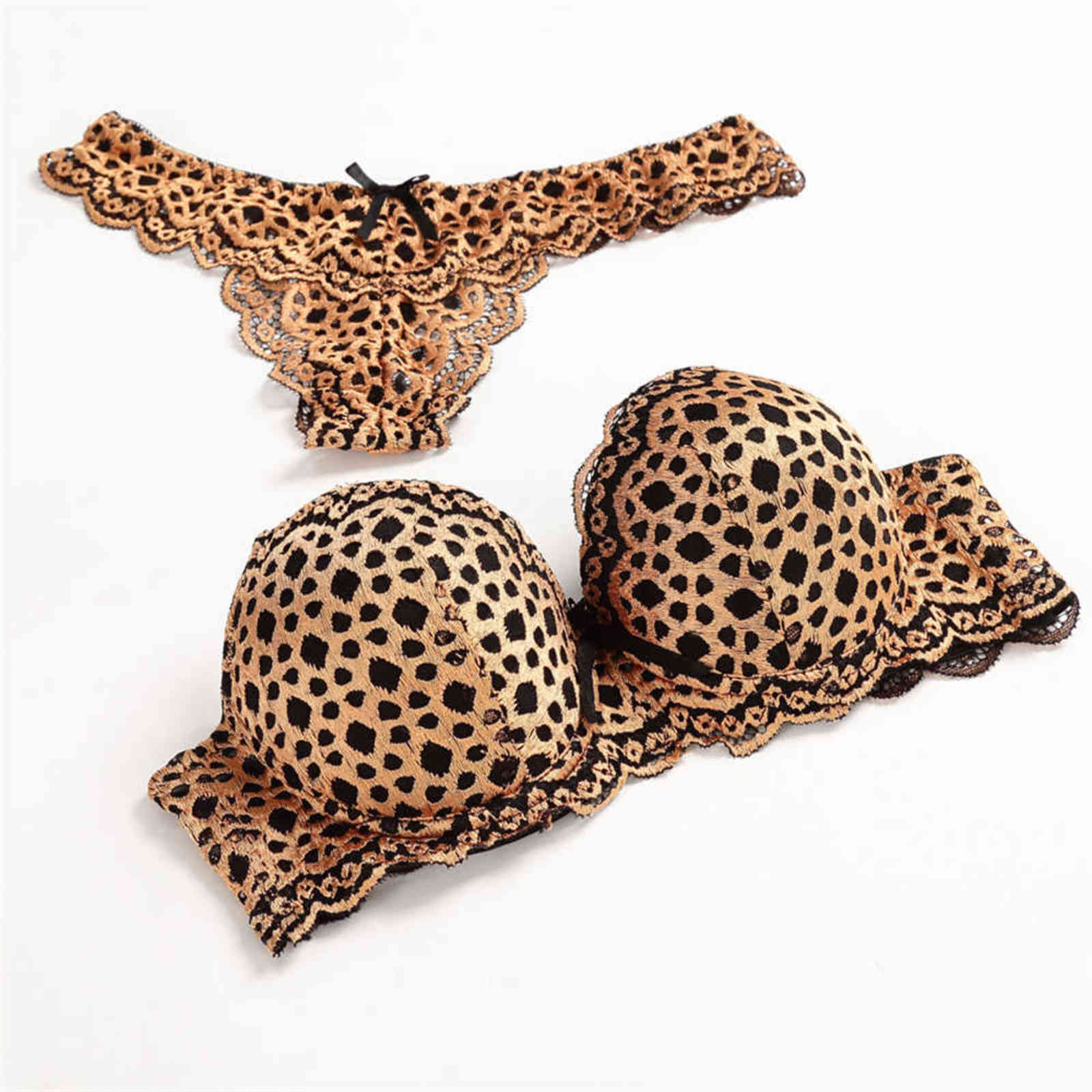 NXY sexy set Women Sexy Leopard Hollow out Bra Bowknot Thongs G String Set Push Up Briefs Lace Underwear Panties Erotic Lingerie 1127