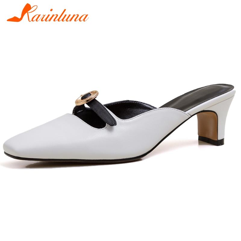 

Slippers KARIN Lady Square Toe Leather Brand Decorating Med Heels Women Summer Comfort Lining Shoes Woman, Black