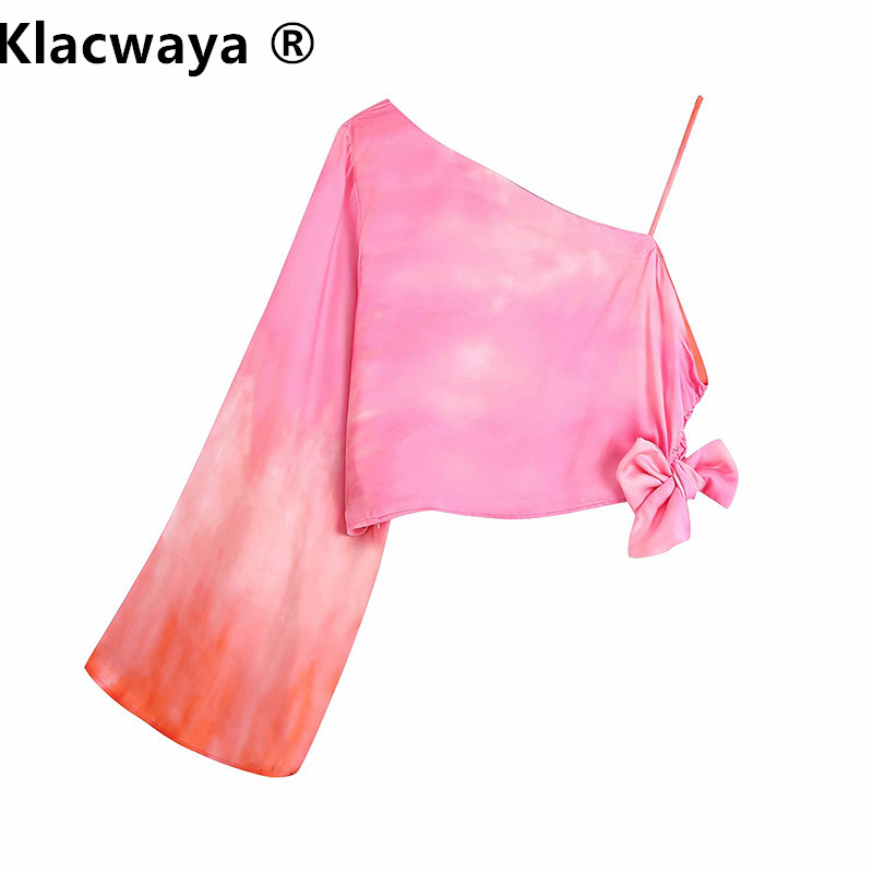 

Women Sexy Tie Dyed Printing Asymmetric Short Shirt Ladies Bow Casual Slim Blouse Roupas Chic Summer Crop Tops 210521, Tie dye