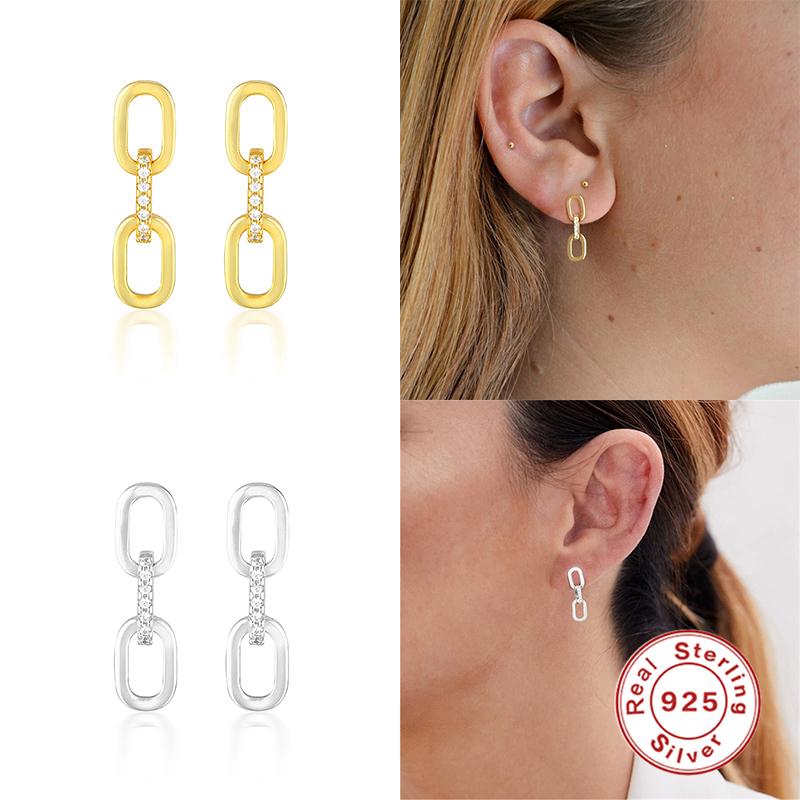 Stud Aide 925 Sterling Silver Gold French Chic O Shaped Chain Earrings For Women Girl Minimalist Chunky Hoops Geometric Earring-image-703744960