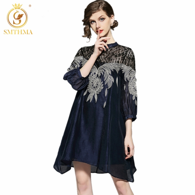 

HIGH QUALITY est Designer Runway Dress Women Summer Women's Lace Patchwok Embroidery 210520, Picture color