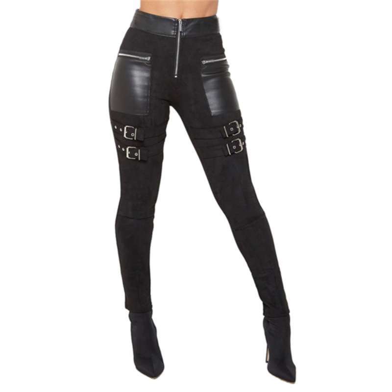 

Women Tight motorcycle pants PU Leather Female Sexy Elastic Stretch Faux Skinny Pencil Pant Zipper Split Bottom D30 210928, Black