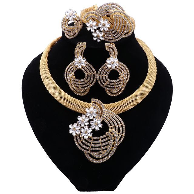 

Dubai Fashion Jewelry Sets Elegant Women Gold Color Crystal Necklace Bracelet Party Earrings Ring Luxury Jewellry