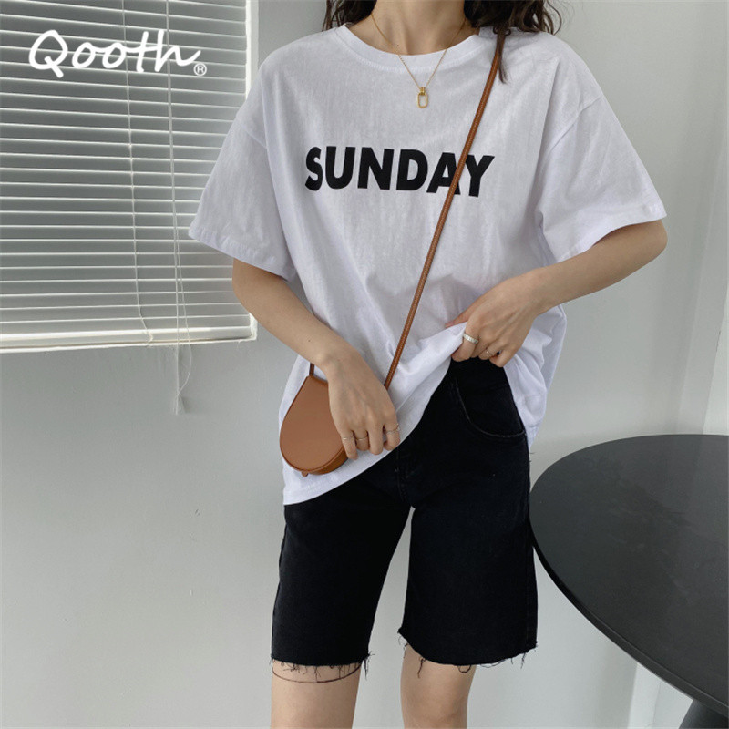 

Qooth Multi-color Letter Printed Mid-length T-shirt All-match Casual Short-sleeved T-shirt O-neck Pullover Solid Shirt QT743 210518, Purple