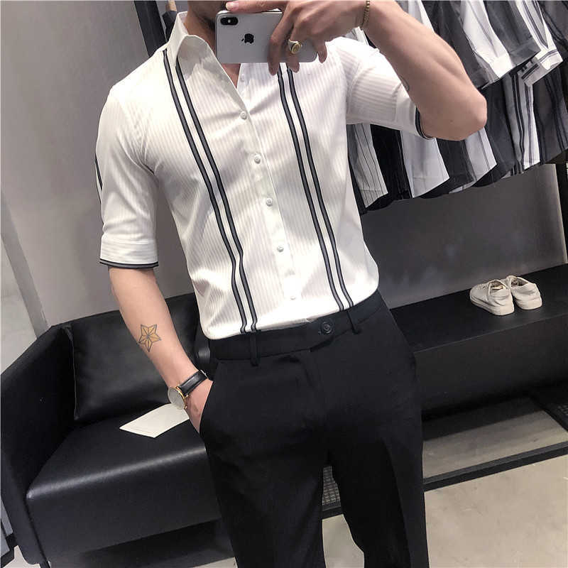 

Brand Striped Shirts Men Short Sleeve Slim Fit Shirts Casual Business Formal Dress Shirts Social Office Men Clothing Camisa 210527, White