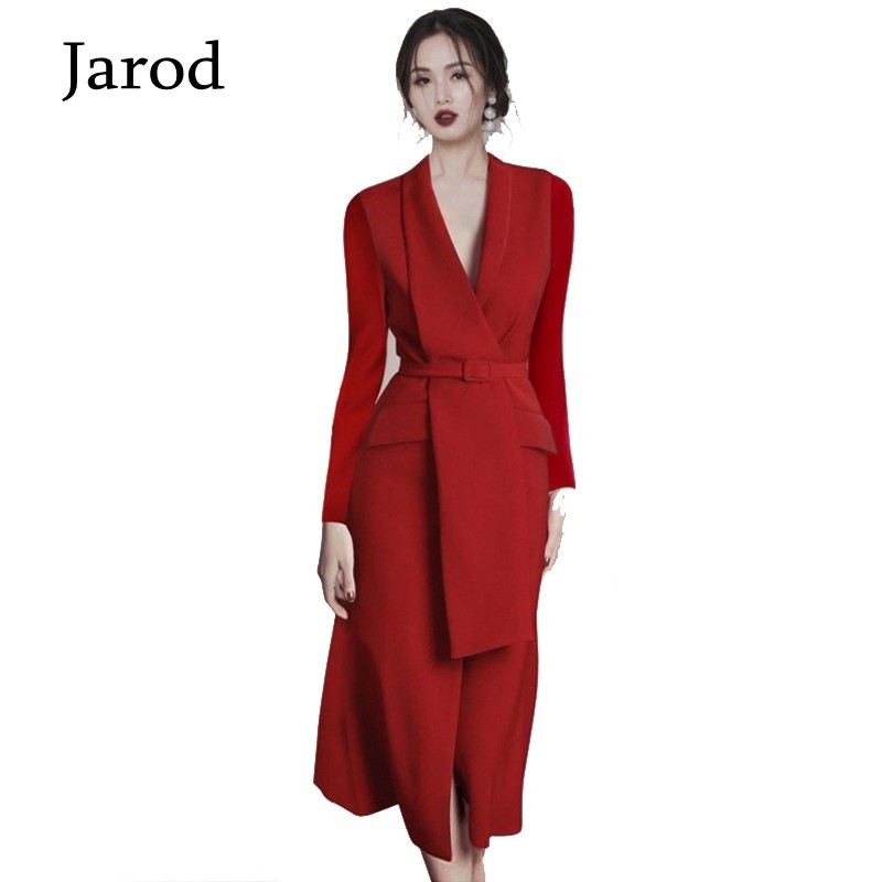 

high quality temperament business elegant vestido da festa Autumn Winter Korean OL belt waist Notched Long sleeve Red dress 210518, Picture color